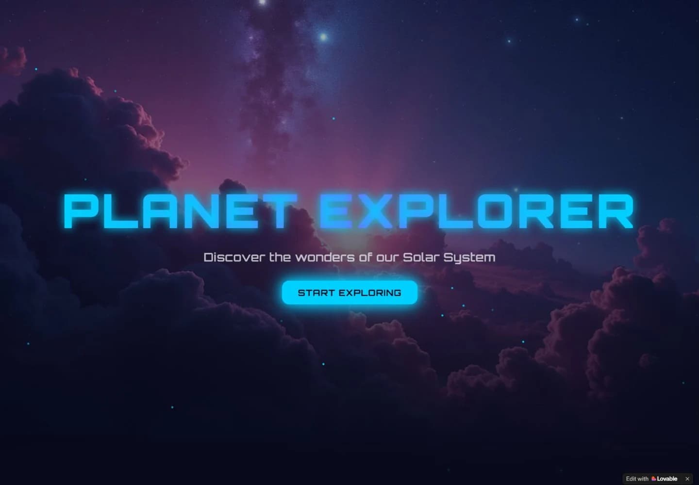 Planet Explorer educational interface with a star-filled background and an exploration button.